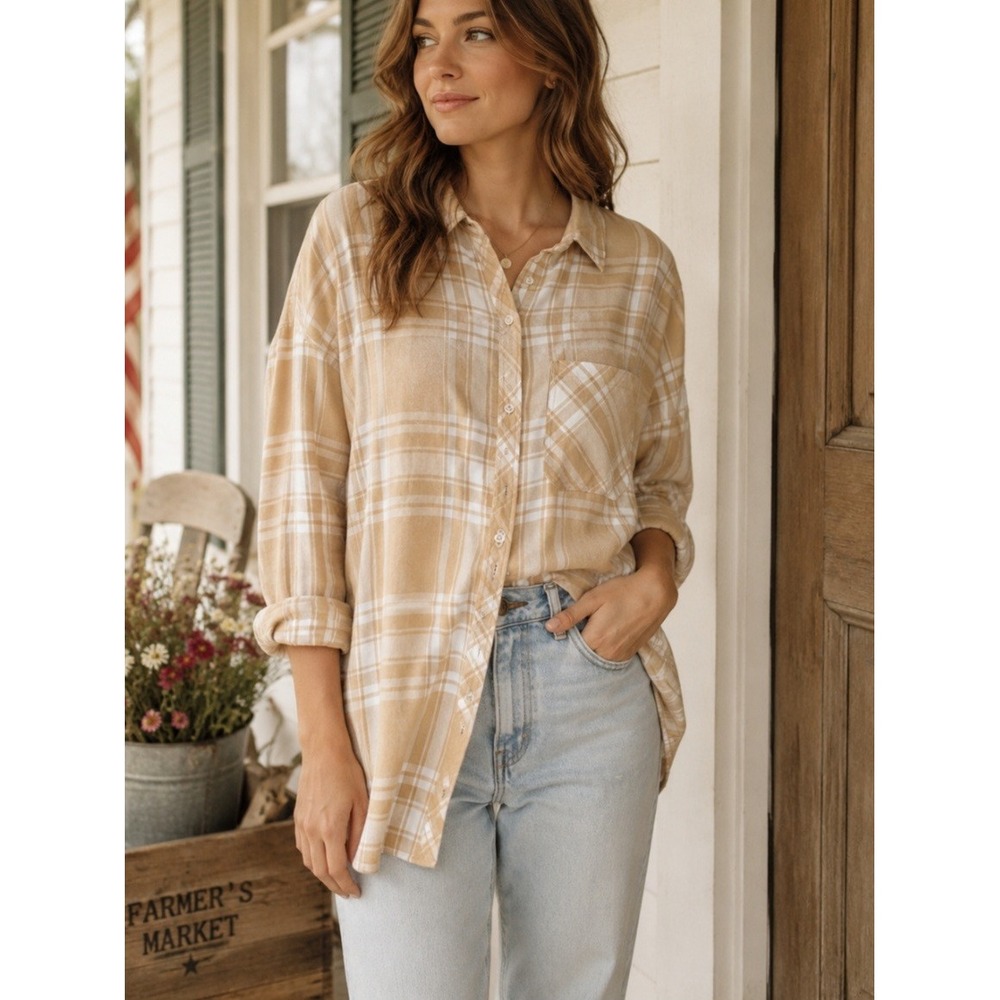 Gap Relaxed Fit Flannel Shirt Tan White Plaid Button Down XXL New NWT